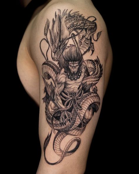 Girin Tattoo, Sun Wukong Tattoo, Wukong Tattoo, King Dragon, Black Dragon Tattoo, Dbz Tattoo, Dragon Tattoo Meaning, Red Dragon Tattoo, Dragon Tattoo Ideas