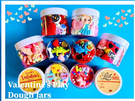 Happy Life Magic presents the most ADORABLE Valentines Play Dough Sensory JARS!!  These jars are too sweet to pass up on... loaded with Company made ,fresh, all natural play dough,AND the cutest LOVE accessories for the kids to make endless creations!  They make the perfect class gift, or a fun love filled activity with your sweet little Valentine!! This will be a hit for sure Valentines Play Dough Kits include: - 5 ounce plastic jar with lid - 3.5 ounces of company made, all natural, preservative free play dough - toys/ trinkets to match theme Free Shipping over $35! Valentines Day Class Gifts, Valentines Play Dough, Sensory Jars, Valentine Sensory, Plastic Jars With Lids, Party Favors For Kids, Natural Play, Playdough Kits, Homemade Playdough