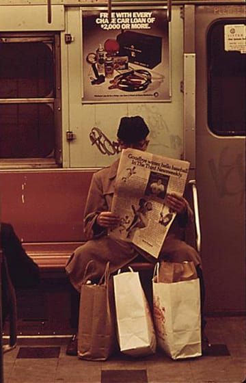 NYC 1970s. A older man reading the newspaper on the subway. Reading The Newspaper, Man Reading, Bg Design, Older Man, New York Subway, The Newspaper, U Bahn, Nyc Subway, Vintage New York