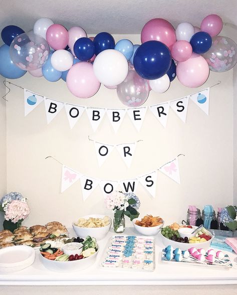 bobbers or bows! planned my bestie’s gender reveal & i’m obsessed with how it turned out! Gender Reveal Bobbers Or Bows, Bows Or Bobbers, Baits Or Bows Gender Reveal Decorations, Bobber Or Bows Gender Reveal, Baits And Bows Gender Reveal, Bait Or Bows Gender Reveal Ideas, Bobbers And Bows Gender Reveal, Fishing Themed Gender Reveal, Bobbers Or Bows Gender Reveal