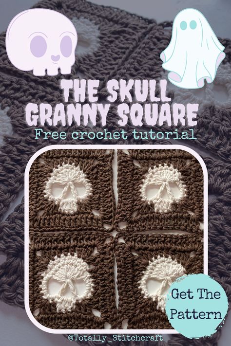 Gothic Crochet Granny Square, Scull Crochet Granny Square, Diy Crochet Squares, How To Start A Crochet Square, Crochet Skull Tutorial, Halloween Crochet Granny Square Pattern, Different Crochet Squares, Patchwork Crochet Ideas, Halloween Granny Square Crochet Patterns Free