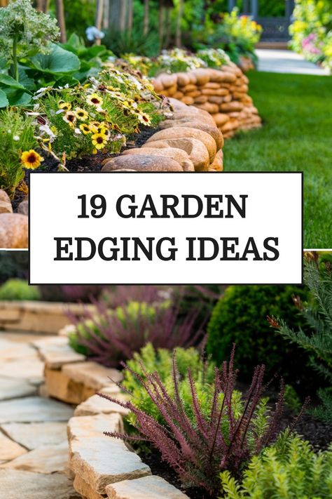 Beautifully landscaped garden with stone borders and decorative plants, captioned "19 Garden Edging Ideas". Diy Edging Landscape Cheap, Garden Edge Ideas, Garden Edges And Borders, Small Garden Raised Beds, Plant Borders, Garden Edging Ideas Cheap, Small Garden Borders, Garden Edge, Stone Edging