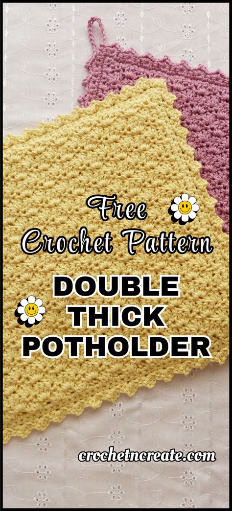 Crochet double thick potholder, quick free crochet pattern from crochet 'n' create Crochet Pot Holders Free Pattern Hot Pads Vintage Potholders, Crochet Vintage Potholders Free Pattern, Crochet Potholders Patterns, Crochet Dish Cloth Free Pattern Dishcloth Christmas Gifts, Crochet Pot Holder Free Pattern, Crochet Hot Pad Pattern, Crochet Hotpad Free Pattern, Magic Potholder Crochet Pattern, Double Thick Crochet Potholder Pattern