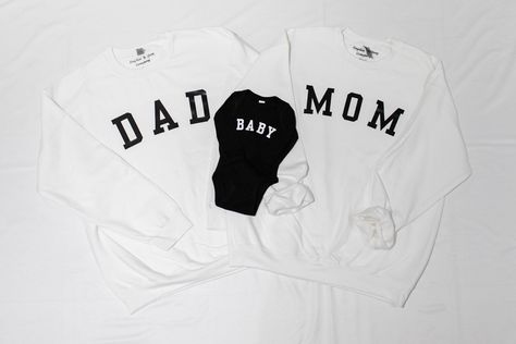 Mom Dad Baby Babe Mini Matching Family Sweatshirts / Baby Bodysuit Adult sizes available in colour White, Black, and Maroon.  Infant / Toddler sizes available in Black.  Ships in 1-4 business days. Adult crew neck sweaters are unisex. We recommend looking at the size chart prior to ordering. Designs are Vinyl Washing Instructions: Turn garment(s) inside out prior to washing. Machine wash cold, tumble dry on delicate.  Do not use bleach or fabric softeners. By purchasing, you are supporting a small mama owned business. Thank you! Adult Sweatshirts: 8 oz./yd² (US) 13.3 oz./L yd (CA), 50/50 preshrunk cotton/polyester Classic fit Air jet yarn for softer feel and reduced pilling Double-needle stitching at shoulders, armholes, neck, waistband and cuffs 1x1 rib with spandex for enhanced stretch a Mom And Dad Sweatshirts, Baby Matching Outfits, Mom And Dad Shirts, Matching Outfits Family, Dad Outfits, Family Sweatshirts, Black Motherhood, Outfits Mom, Mom Dad Baby