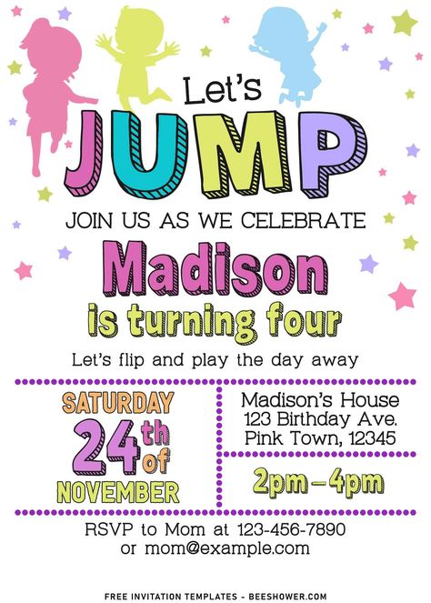 Download Now 10+ Let’s Jump Party Invitation Templates For Your Kids Next Bash Trampoline Park Birthday Party, Trampoline Party Invitations, Bday Invitation Card, Trampoline Birthday Invitations, Jump Party Invitations, Trampoline Birthday Party, Trampoline Party, Birthday Party Invitations Free, Party Activities Kids