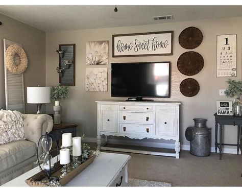 Farmhouse Wall Collage Living Room, Mounted Tv Wall Decor, Decorating Around Tv On Wall, Main Wall Decor Living Room, Wall Decor Around Tv, Living Room Decor Around Tv, Tv Console Decor, Mounted Tv Wall, Living Room With Tv