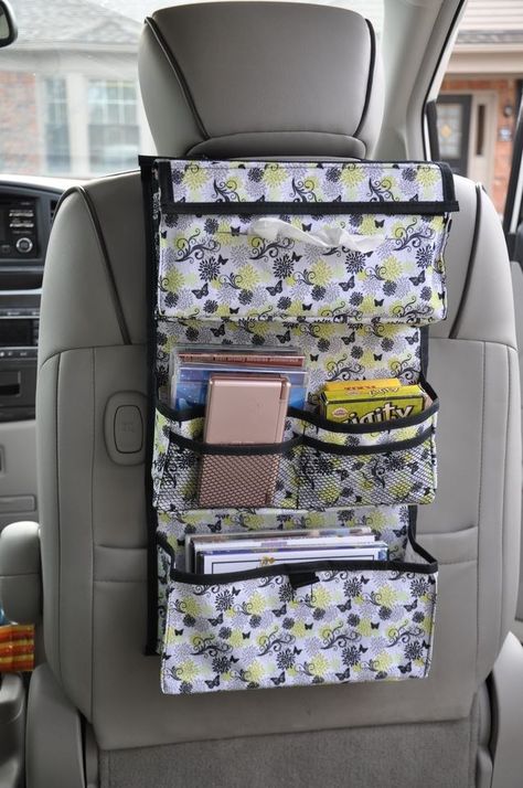 www.mycleverbiz.com/TerriLynn Diy Car Seat Cover, Travel Pillow Pattern, Car Organization Diy, Backseat Organizer, Car Accessories Diy, Organizer Diy, Car Seat Organizer, Car Organizer, Seat Storage