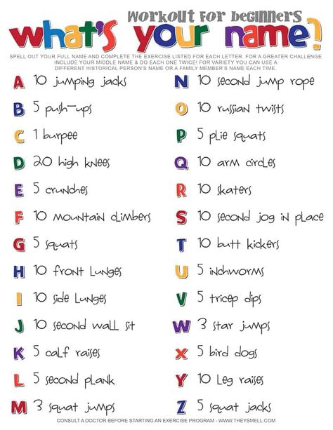 Name workout for beginners. Get moving in a fun and creative way with this fitness routine you can do at home. #fitness #workout #exercise Your Name Workout, Name Workout, Spell Your Name Workout, Plie Squats, What's Your Name, Pe Ideas, Spell Your Name, Outdoor Workout, Reebok Crossfit