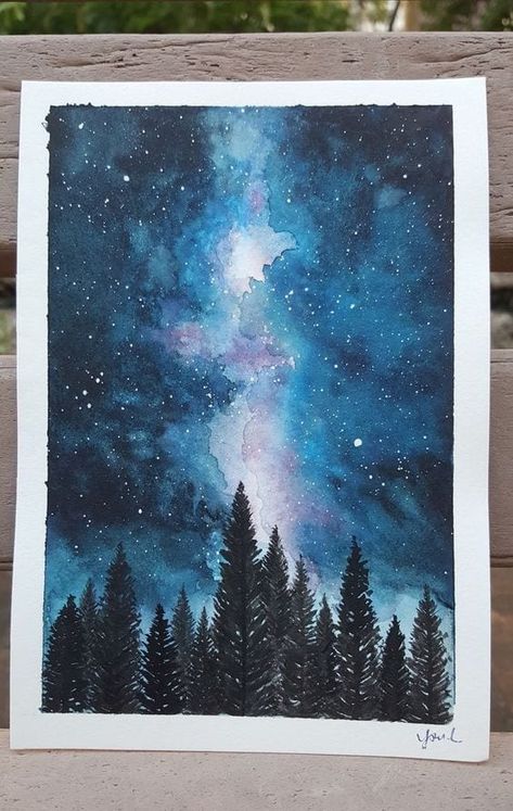 20 Beautiful Watercolor Night Sky Painting Ideas & Inspiration - Brighter Craft Watercolour Miniature Painting, Lightbulb Watercolor Painting, Sky With Watercolor, Star Watercolor Painting, Watercolor Design Ideas, Galaxy Watercolor Painting, Sky Watercolor Painting, Night Watercolor, Watercolor Night Sky