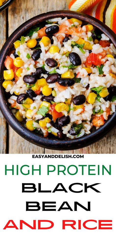 Black Bean Power Bowl, Beans High In Protein, High Protein Black Bean Recipes, Black Bean Protein Bowl, High Protein Vegetarian Bowls, High Protein Meatless Dinner Ideas, Bean Protein Recipes, High Protein Beans And Rice, High Protein Meatless Meals Dinners