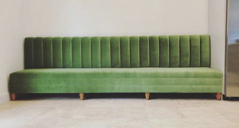 Recovered Interior Green Channel Tufted Banquette Home Bar Seating Ideas, Custom Banquette Seating, Tufted Banquette, Restaurant Banquette, Banquette Cushions, Banquette Seating In Kitchen, Upholstered Dining Bench, House Renovation Projects, Green Dining Room