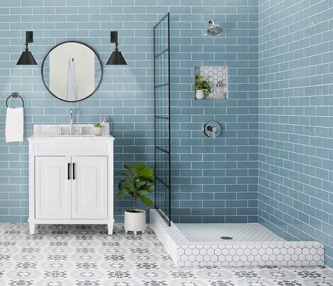 Bathroom Gallery | Floor & Decor Blue Glass Tile, Wall Applications, Hexagon Tile, Conserve Water, Polished Porcelain Tiles, Primary Bathroom, Floor Bathroom, Shower Walls, Glass Backsplash