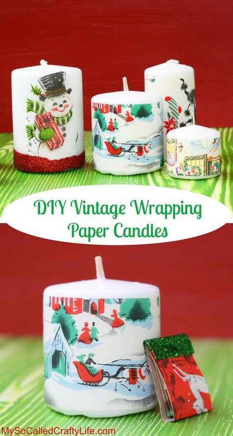 Use vintage Christmas wrapping paper and Mod Podge to decoupage pretty holiday candles and little matchbooks. These are so easy to make! Decoupage Candles Paper Napkins, Vintage Christmas Crafts Diy, Pamper Baskets, Decopatch Ideas, Campfire Christmas, Candle Decoupage, Diy Christmas Candles, Napkin Crafts, Diy Christmas Wrapping Paper