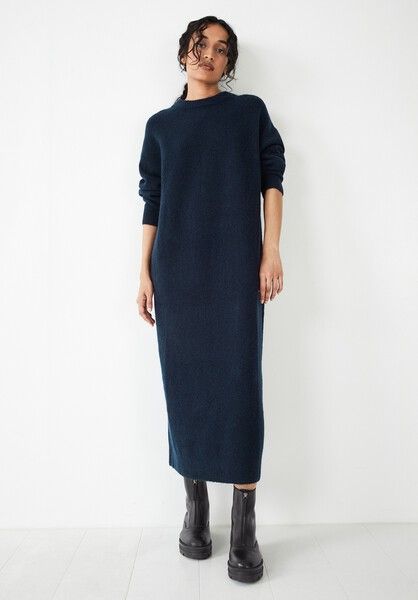 Fallon Crew Knitted Midi Dress Drop Sleeve Dress, Knitted Dress Outfit, Leather Shirt Dress, Midi Dress Navy, Knitted Midi Dress, Winter Dress Outfits, Cashmere Dress, Clean Slate, Dress Navy Blue