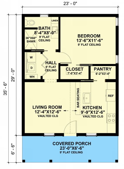 1-Bed Colonial Cottage House Plan or ADU with Vaulted Living Room - 667 Sq Ft - 420151WNT | Architectural Designs - House Plans 1 Bedroom House Floor Plan, 1 Bed 2 Bath House Plans, 1 Bed 1.5 Bath Floor Plan, 1 Bed 1 Bath Floor Plans Small Houses, 900 Sq Ft House Plans 1 Bedroom, 1 Bedroom 1.5 Bath Floor Plan, 20x32 House Plans, Adu Home Plans, Mother In Law Cottage With Garage