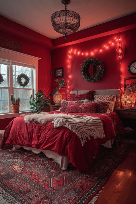 Dark Red Bedroom Aesthetic, Red Boho Bedroom, Red Bedroom Aesthetic, Red Room Aesthetic, Halloween Themed Bedroom, Red Bedrooms, Eco Friendly Bedroom, Halloween Bedroom, Red Bedroom