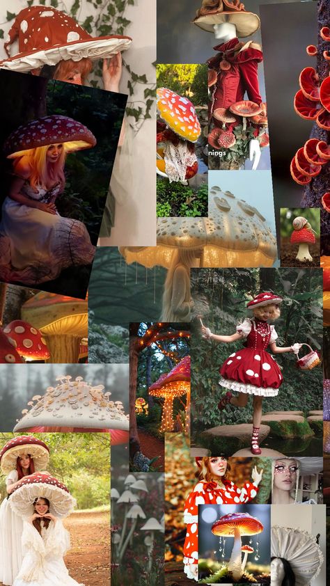 I love the whimsical and fantastical vibe of your mushroom costume mood board! The use of oversized mushroom hats, vibrant red and white polka-dot patterns, and the mix of nature-inspired textures and organic forms creates a magical, fairy-tale atmosphere. There’s a great balance between fashion-forward elements and playful, almost otherworldly touches, especially with how the designs seem to merge nature and couture.

The lighting concepts, with glowing mushrooms and illuminated scbring an ethereal mood that could be perfect for a fantasy or costume-based collection. The combination of soft fabrics, natural color palettes, and sculptural silhouettes suggests a lot of creative potential. Mushroom Hats, Winter Light Festival, Mushroom Costume, Glowing Mushrooms, Red Mushrooms, Midsummer Dream, Mushroom Hat, Nature Color Palette, Lighting Concepts