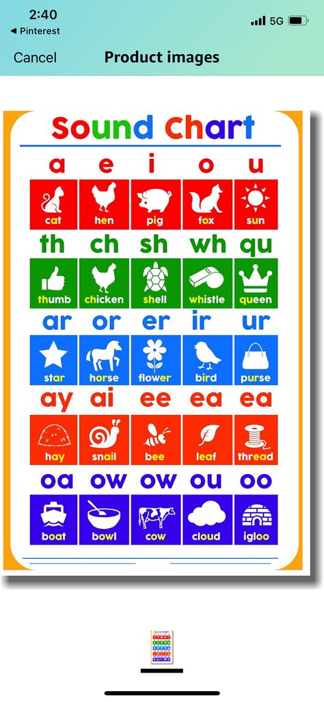 Sound chart for phonics.  Material: Sound chart.  Stick the sound chart on the wall and ask the children to make sounds corresponding to the characters shown. This will help improve language skills Sound Chart, Phonics Wall, Phonics Sounds Chart, Bird Purse, Boat Bowl, Horse Flowers, Phonics Sounds, Jolly Phonics, Phonics Words