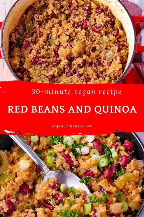 Easy weeknight red beans and quinoa is a reliably delicious 30-minute vegan one-pot dinner. Quick-cooking quinoa with red beans or red kidney beans, a little diced celery and green bell pepper with smoked paprika, a splash of apple cider vinegar, and a dash of Tabasco hot sauce - dinner on the fly you'll love! Beans And Quinoa, Cooking Quinoa, Dry Beans Recipe, Cranberry Quinoa Salad, Recipes With Kidney Beans, Tabasco Hot Sauce, Vegan Casserole, Dinner Quick, Red Kidney Beans