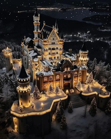 Winter And Christmas Scenery 🎅❄🎄❄⛄❄🎁 | Spectacular Neuschwanstein Castle, aglow with Christmas lights | Facebook Castle Bavaria, Winter Castle, Castle Aesthetic, Famous Castles, Dream Mansion, Christmas Scenery, European Castles, Neuschwanstein Castle, Castle House