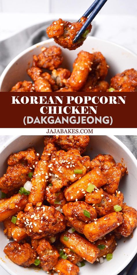 Japanese Popcorn Chicken, Korean Chicken Sweet And Spicy, Korean Fried Chicken Street Food, Asian Popcorn Chicken, Korean Crunchy Chicken, Korean Chicken Popcorn, Chinese Popcorn Chicken, Korean Food Recipes Chicken, Sticky Asian Chicken Thighs