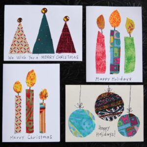 Fabric Scrap Christmas Cards - Happy Hooligans Collaged Christmas Cards, Greeting Cards With Fabric, Fabric Christmas Cards To Make, Fabric Scrap Christmas Crafts, Fabric Scrap Christmas Cards, Kid Christmas Cards Handmade, Handmade Christmas Cards Using Fabric, Christmas Fabric Scraps Crafts, Sewing Christmas Cards