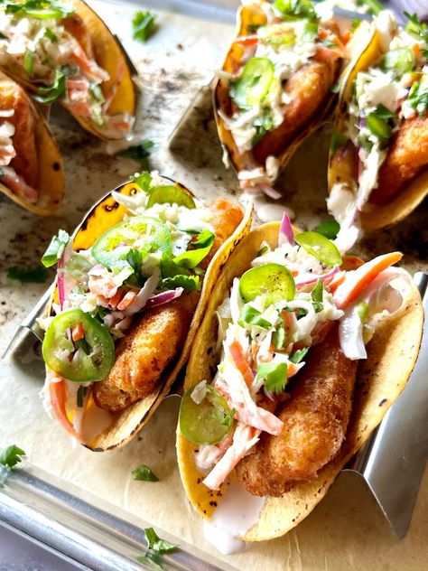 Baja Crispy Fish Tacos - The Menu Maid Sea Bass Tacos, Codfish Tacos, Best Fish Tacos Recipe, Breaded Fish Tacos, Fish Stick Tacos, Crispy Fish Tacos, Baja Tacos, Best Fish Tacos, Fried Fish Tacos