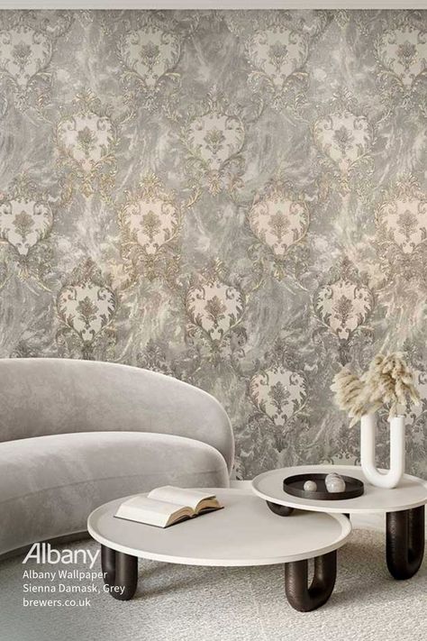 Transform your space with the classic elegance of the Sienna Damask wallpaper from the Albany Verona wallpaper collection. This stunning design features a timeless damask pattern enhanced with shimmer and metallic glitter highlights, adding a touch of luxury to any room. Perfect for a feature wall or to envelop an entire room in sophistication. This pattern is available in store at Brewers Decorator Centres or online at brewers.co.uk. Follow the link and add it to your basket today 🛒 Grey Wallpaper Vintage, Living Room Chic, Albany Wallpaper, Damask Design, Silver Wallpaper, Damask Wallpaper, Wood Wallpaper, Yellow Wallpaper, Chic Bedroom