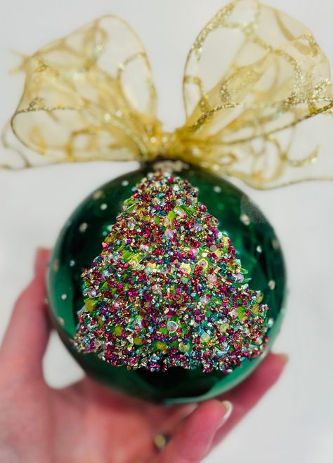 Absolutely Elegant hand-painted Majestic Christmas Tree Keepsake Ornament. 4" glass ball features a gorgeous Christmas Tree, with rhinestones and crystals for added sparkle. Also, beautiful to display on an ornament stand. Each ornament is made by hand and happy to paint name/ and or year on the back at no additional charge.  This makes a beautiful and very special gift to cherish for years to come! Also, perfect for special clients!  Free shipping from NC! Glass Ball Painting, Painted Bulb Ornaments, Christmas Ornament Making Party, Ornaments Painting Ideas, Christmas Clear Ornament Ideas, Painted Christmas Tree Ornaments, Christmas Bulbs Decorations Ideas, Painted Christmas Ornaments Bulbs, Christmas Bulb Crafts