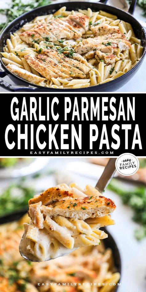 This creamy, full-of flavor pasta topped with crispy chicken is so easy to make! Ready in less than 30 minutes, Parmesan Garlic Chicken Pasta is fast and easy - the perfect weeknight dinner. First, cover the chicken in garlic parm breadcrumbs and cook it on the stove top until golden and juicy. Then, whip up the creamy sauce for the pasta. Mix the pasta in the sauce and serve with the sliced chicken on top. It’s the best! This Garlic Parmesan Chicken Pasta is on steady rotation in our house. Stove Top Meals Dinners, Easy Stove Top Meals, Garlic Chicken Salad, Easy Chicken Pasta Recipes, Parmesan Garlic Chicken Pasta, Garlic Parmesan Chicken Pasta, Parmesan Garlic Chicken, Parmesan Chicken Pasta, Garlic Chicken Pasta