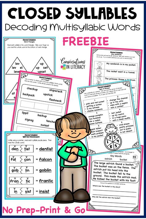 Unlock the secrets to decoding multisyllabic words for your elementary students with our Closed Syllables Decoding Multisyllabic Words Freebie! Effective and engaging games and activities, all with a no-prep, print and go approach designed for easy implementation. Explore one of the 6 syllable types and watch your students' decoding skills and confidence soar! Closed Syllable Activities Free, Vccv Syllable Activities, Closed Syllable Anchor Chart, Multisyllabic Word Activities Free, Syllable Anchor Chart, Multisyllabic Word Activities, Multisyllabic Words Activities, 6 Syllable Types, Decoding Multisyllabic Words