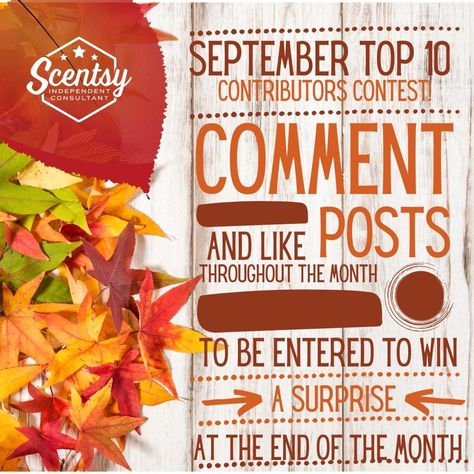 September Shopping Link Scentsy, Now Booking September Parties Scentsy, Scentsy Interactive Games, Top Contributors Facebook Group, Scentsy Book A Party September, September Scentsy Banner, September Interactive Posts Facebook, Scentsy Vip Group Ideas, Scentsy Grow The Group Giveaway