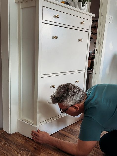 Built In Command Center, Built In Console, Ikea Hemnes Shoe, Paint Laminate Furniture, Ikea Hemnes Shoe Cabinet, Ikea Shoe Storage, Shoe Storage Hacks, Cove Moulding, How To Paint Laminate