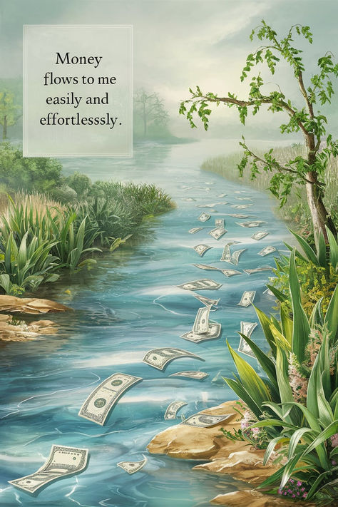 A tranquil river flowing through a lush landscape with dollar bills floating on the water, symbolizing the effortless flow of money. Abundance Images Wealth, Abundance Money Images, Money Abundance Wallpaper, Money Flowing To Me, Passive Income Aesthetic, Income Affirmations, Money Flows To Me Easily, Abundance Images, Money Flow