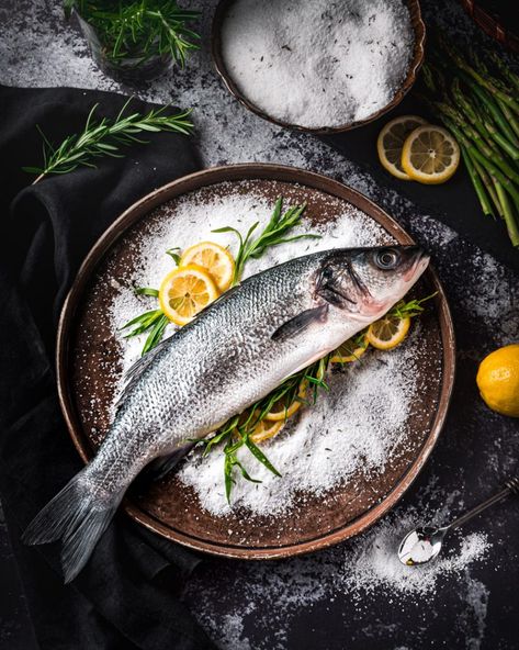 Salt Baked Branzino Baked Branzino, Salt Baked Fish, Fish Food Photography, Cooking With Wine, Ingredients Photography, Fish Farm, Food Photography Tips, Food Drink Photography, Baked Fish