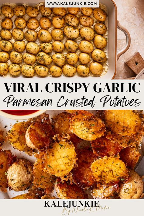 These Viral Crispy Garlic Parmesan Crusted Potatoes are addicting and it’s for good reason! After all, what could be better than crispy potatoes smothered in butter and parmesan? This recipe is the perfect appetizer, side dish, or even a delicious snack. Try them today and I know you’ll love them! Viral Crispy Garlic Parmesan Crusted Potatoes, Cheesy Parmesan Potatoes, Parmesan New Potatoes, Crispy Parmesan Sheet Pan Potatoes, Garlic Parm Mini Potatoes, Parmesan Upside Down Baked Potatoes, Parmesan Crusted New Potatoes, Toasted Parmesan Potatoes, Creamery Potatoes Recipes