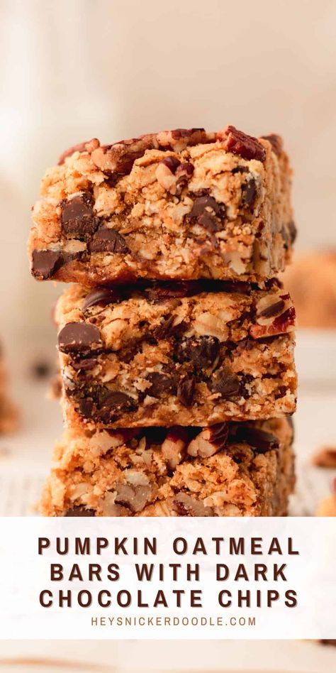 Pumpkin Oatmeal Bars with Dark Chocolate Chips Pumpkin Oatmeal Bars, Fall Dessert Bar, Oatmeal Dessert, Holiday Dessert Table, Oatmeal Chocolate Chip Bars, Oatmeal Bars Recipes, Chocolate Oatmeal Bars, Holiday Desserts Table, Chocolate Chip Bars