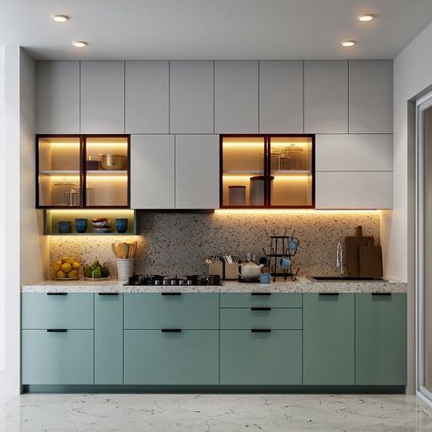 Kitchen Ideas Modular, Kitchen Colour Combination With White, Indian Modular Kitchen Interior, Crockery Cabinet Design Modern, Kichen Cabinate Design New, Indian Kitchen Interior Modern, Kitchen Interior Indian, Kichan Farnichar Design, Kitchen Colour Combination Ideas