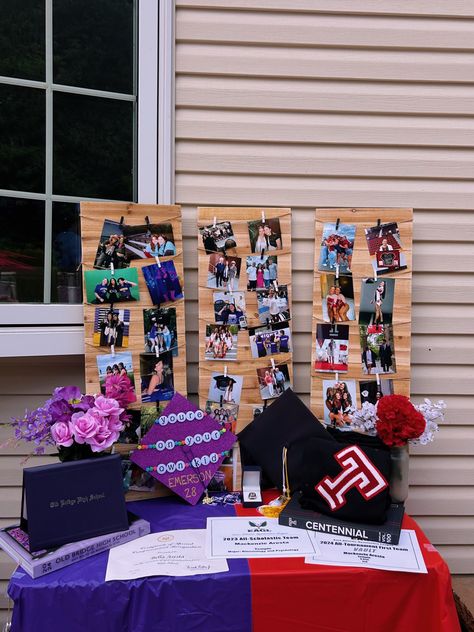 grad party decor #decor #graduation #gradpartydecor #gradparty 2 Person Grad Party, Graduation Wall Decorations, Easy Grad Party Decorations, Grad Party Cards, Graduation Party Display Ideas, Trunk Party Decorations, Grad Party Photo Display, Grad Party Themes, Graduation Picture Boards