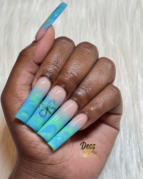 Light Blue Nails With Simple Design, Neon Marble Nail Designs, 21 Nails, Fye Nails, Birthday Nail, Water Nails, Light Blue Nails, Purple Acrylic Nails, Pool Boy