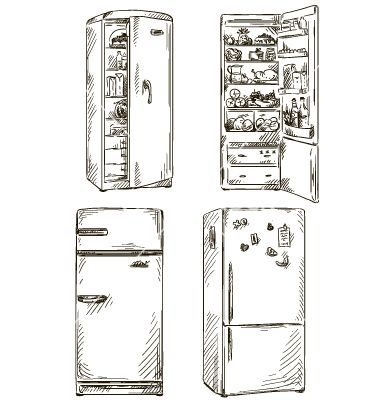 Open Fridge Drawing, Fridge Sketch, Refrigerator Drawing, Fridge Drawing, Open Fridge, Drawing Furniture, Notebook Sketches, Sketch Note, Food Vector