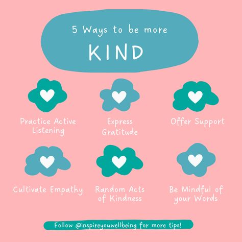 Embracing kindness in our daily lives is a powerful choice that ripples positivity into the world. Here are some simple ways to spread kindness: practice active listening, express gratitude, engage in random acts of kindness, mind your words, and offer support. Let's cultivate empathy and create a space where kindness becomes a natural part of our everyday interactions. Small gestures can make a big difference! #inspire #kind #kindness #5waystobemorekind #worldkindnessday Free Acts Of Kindness, Mind Your Words, Positivity Project, Random Acts Of Kindness Day, Small Gestures, World Kindness Day, Have Courage And Be Kind, Express Gratitude, Acts Of Kindness