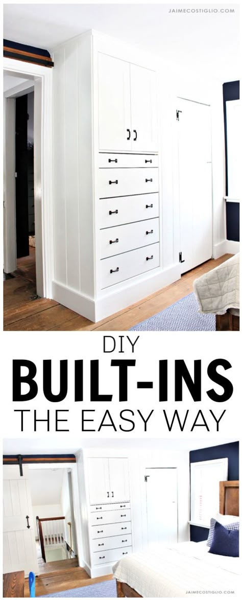 A tutorial for building built-ins the easy way using an Ikea dresser and cabinet to create Shaker style built ins in a bedroom. Built In Dresser In Wall, Built In Dresser In Bedroom, Shaker Furniture Plans, Built In Bedroom Cabinets, Ceiling Moulding, Armoire Ikea, Ikea Built In, Ikea Desk Hack, Bedroom Built Ins