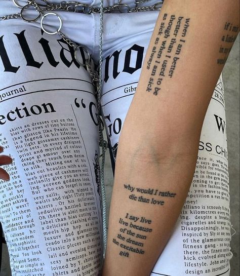 Tattoo Text Idea, Word Sleeve Tattoo, Text Message Tattoo, Texts Tattoo, Thigh Quote Tattoo, Leg Quote Tattoo, Tattoos On Thigh, Poem Tattoo, People With Tattoos