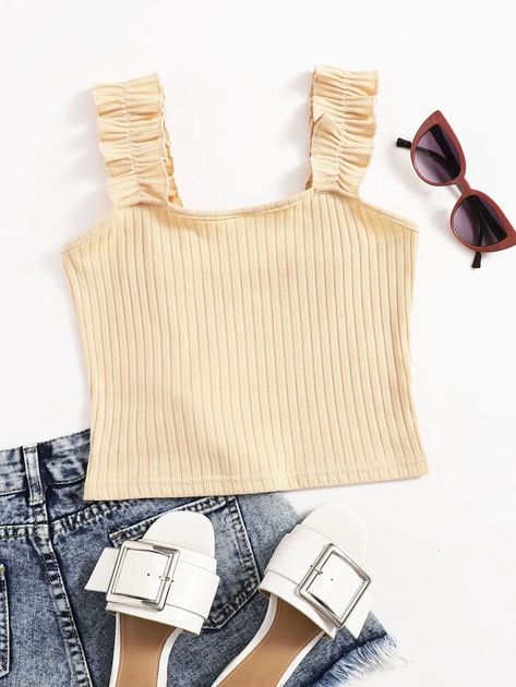 Frill Strap Rib-Knit Cami Top | SHEIN USA Rib Crop Top, Stripped Tops, Rib Knit Top, Top Shein, Women Tank Tops, Ribbed Crop Top, Crop Top Outfits, Tween Outfits, Really Cute Outfits