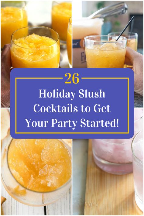 Collage of 4 holiday slush cocktails. Slushy Alcohol Drinks Christmas, Christmas Slushie Drinks, Christmas Slush Recipes Non Alcoholic, Holiday Slush Recipes, Frozen Slushy Alcohol Drinks, Whisky Slush, Slush Alcohol Drinks, Christmas Slush Recipes, Whiskey Slush Recipe