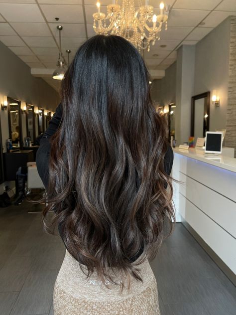 Soft Balayage Brunette Dark, Black Hair Ombre Balayage Dark Brown, Black Hair Brunette Balayage, Dark Hair Soft Balayage, Balayage Hair Black Hair Straight, Dark Brown Hair Balayage On Black Hair, Dark Mocha Brown Hair Balayage, Dark Toned Balayage, Cocoa Highlights On Dark Hair