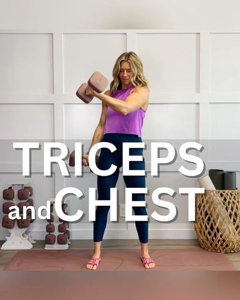 Stacey Roberts | Home Workouts | Fitness for all on Instagram: "Chest and Triceps Workout with Dumbbells

Comment “BENCH” for 20% off!

No bench? No problem, you can come to the floor for the moves on the bench. Alternating chest and triceps each move here so no need to rest between moves. Take a 1-3 minute rest between rounds.

12 reps, 3 rounds

1. Alternating cross raise
2. Overhead tricep extension
3. Chest fly
4. Skull crusher
5. Chest press
6. Narrow tricep press (sound on to hear the different between moves 5 and 6)

Equipment: @wegym_fit Bench is on sale this week only. For link and a discount for all equipment comment “bench” and I’ll send it to you.

#tricepsworkout #chestworkout #tricepsandchest #upperbodyworkout #homeworkout #homeworkouts" Standing Chest Exercises, Chest And Triceps Workout, Tricep Press, Overhead Tricep, Overhead Tricep Extension, Workout With Dumbbells, Chest Exercises, Chest Press, Chest Fly