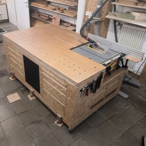 How I Made my New Mobile Workbench with Built-in Dewalt Table Saw | Dewalt Table Saw Station, Dewalt Table Saw Workbench, Fantasy Workshop, Workbench With Table Saw, Table Saw Bench, Dewalt Table Saw, Wood Workbench, Small Table Saw, Table Saw Station