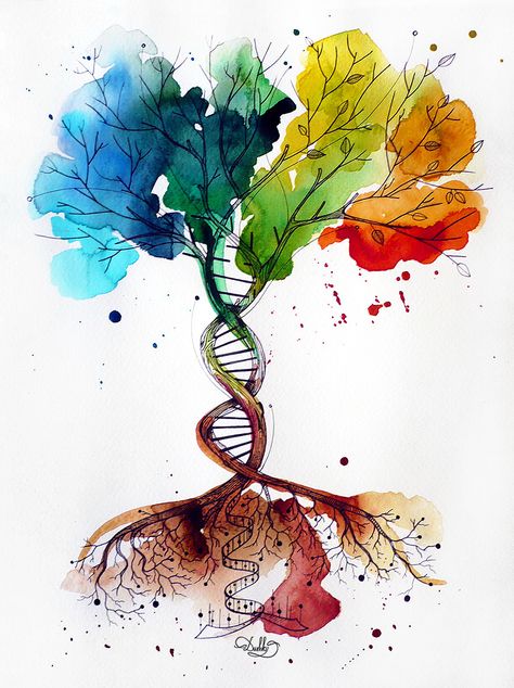 designed by #dushky / #art #illustration #tattoo #design #tree #watercolor #dna #roots Illustration Tattoo Design, Biotechnology Art, Tree Tattoo Back, Dna Tree, Dna Art, Dna Tattoo, Tree Watercolor, Tattoo Back, Biology Art